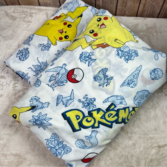 Vintage 90s Pokemon Twin Sheet Set 1998 Springs Blue White Yellow Fitted Flat - Picture 1 of 9